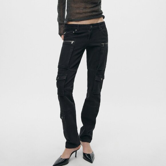 Women's Zara Black Slim Cargo Pants Trousers Jeans Denim Size US 2 - Picture 1 of 9